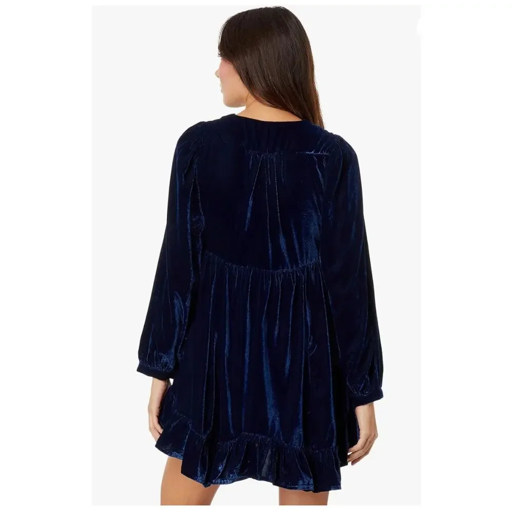 Free People Estella Velvet Mini Dress Navy Blue Babydoll Ruffle Medium